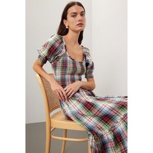 Hill House Home The Louisa Nap Dress Ivory Tartan Plaid Smocked Puff Sleeve S
